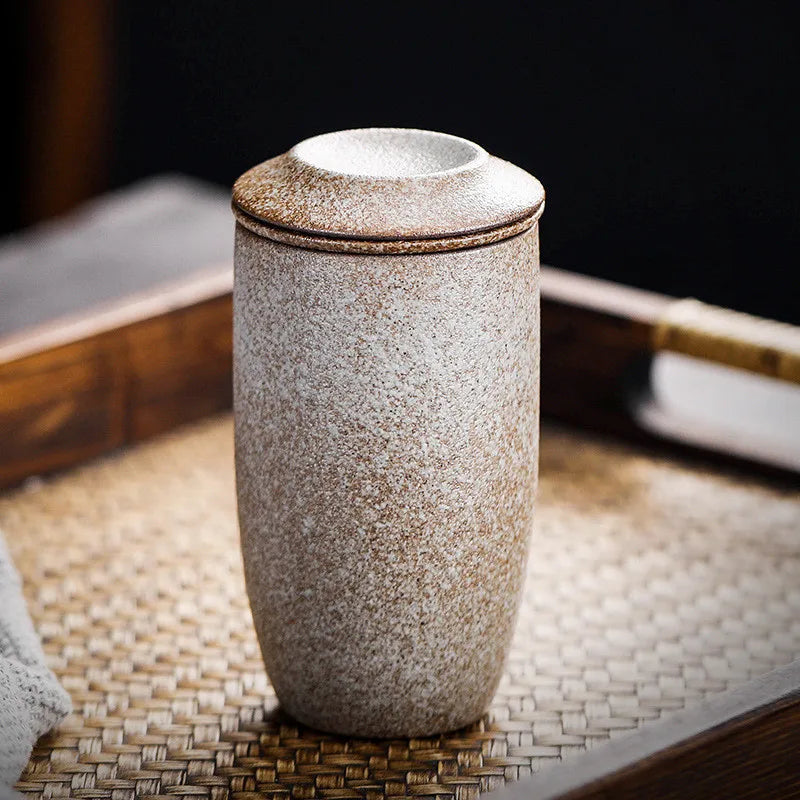 Retro Japanese Ceramic Tea Cup with Lid & Porcelain Infuser