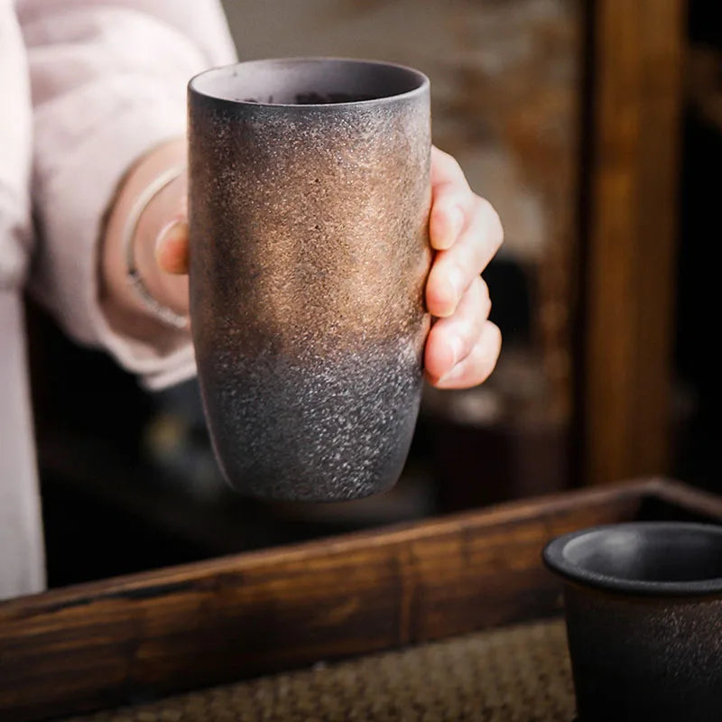 Retro Japanese Ceramic Tea Cup with Lid & Porcelain Infuser