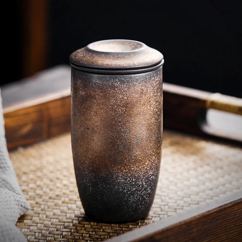 Retro Japanese Ceramic Tea Cup with Lid & Porcelain Infuser