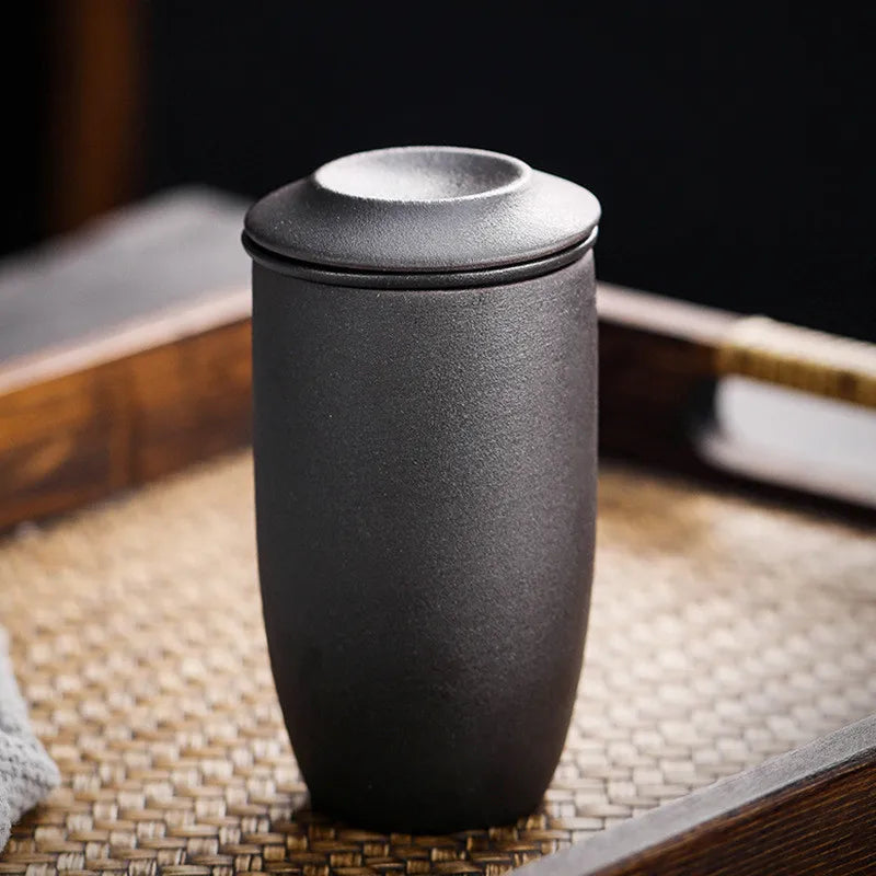 Retro Japanese Ceramic Tea Cup with Lid & Porcelain Infuser