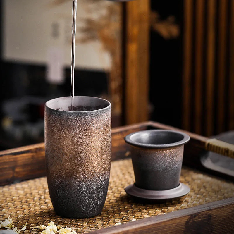 Retro Japanese Ceramic Tea Cup with Lid & Porcelain Infuser