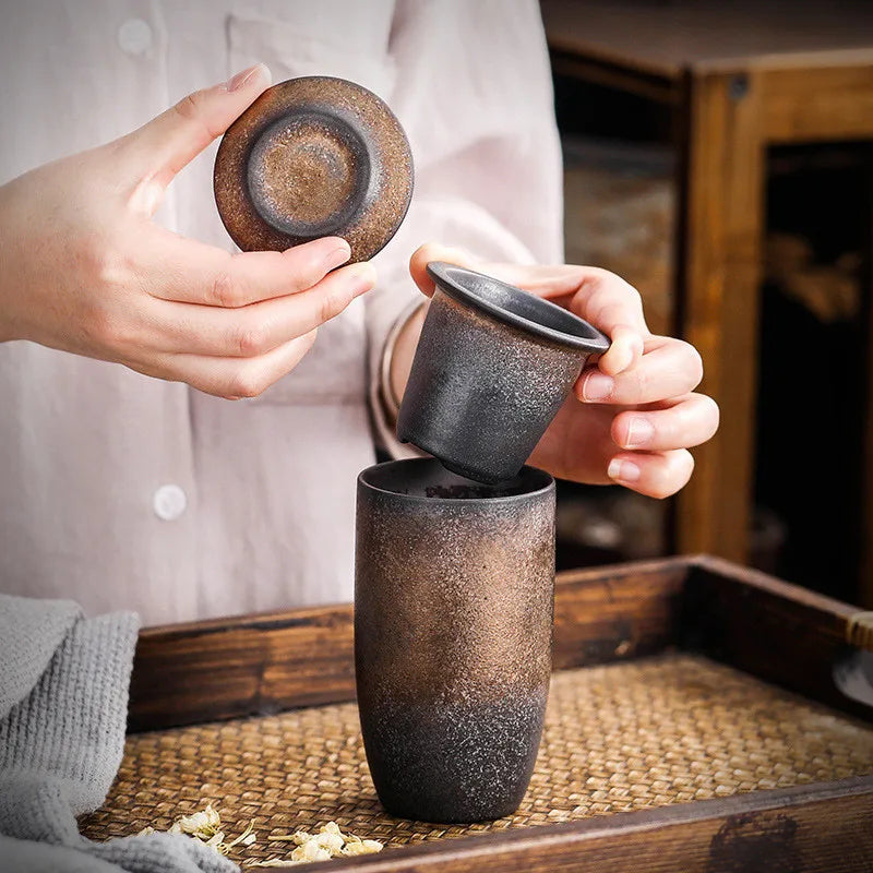Retro Japanese Ceramic Tea Cup with Lid & Porcelain Infuser