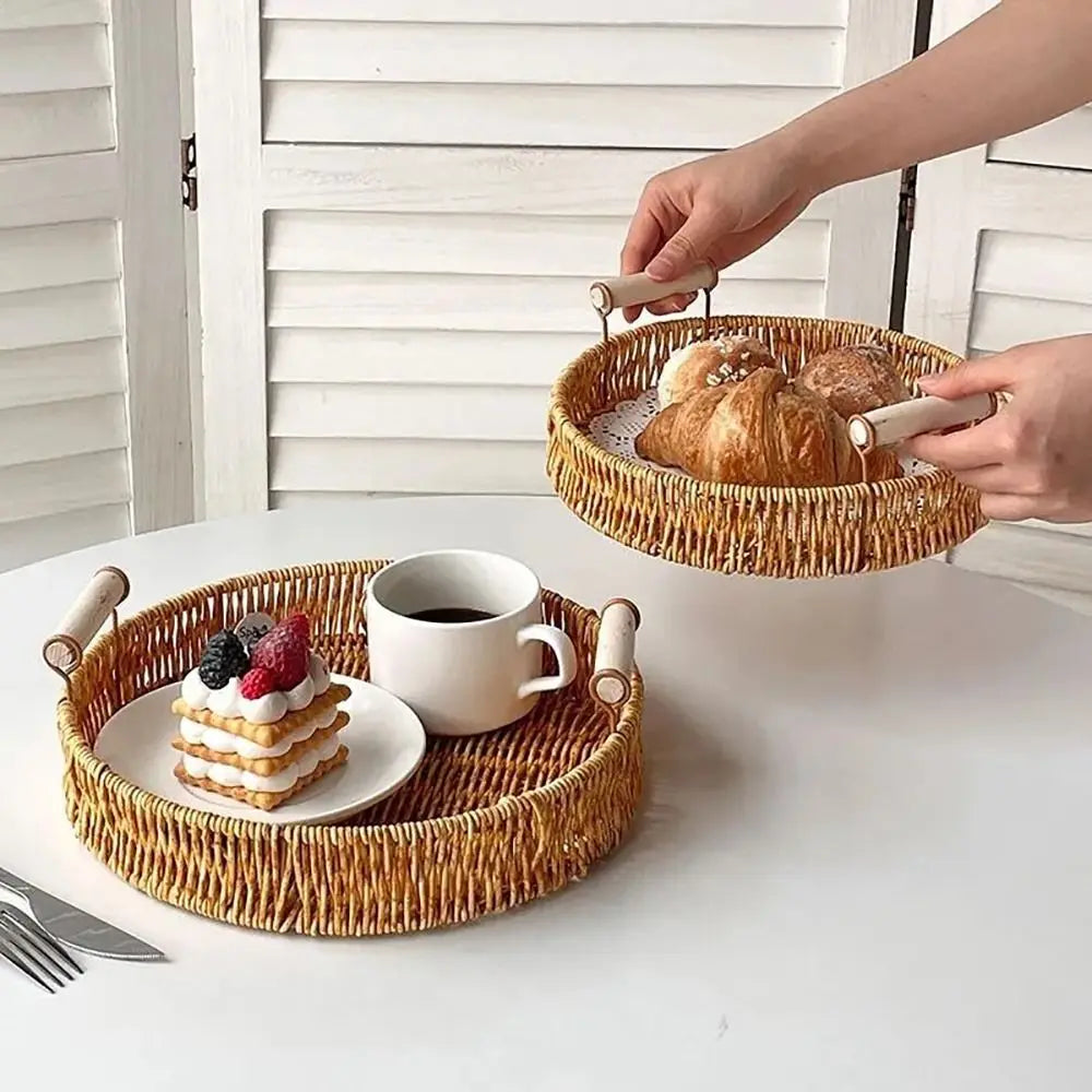 Handwoven Rattan Serving Trays – Round & Rectangle Storage Baskets