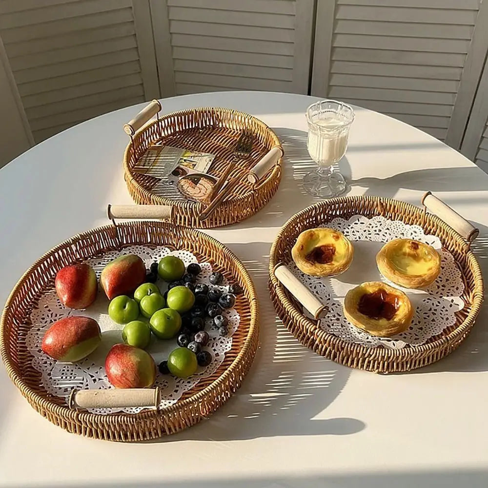 Handwoven Rattan Serving Trays – Round & Rectangle Storage Baskets