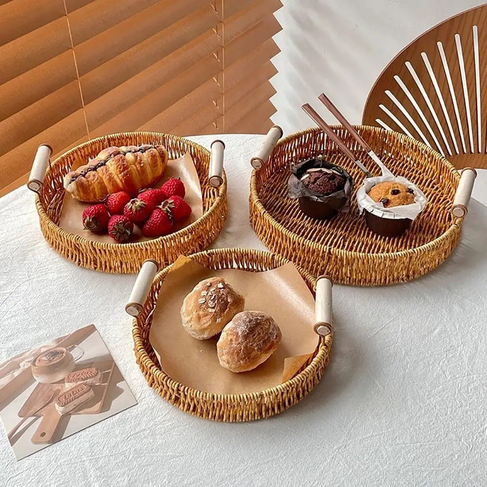 Handwoven Rattan Serving Trays – Round & Rectangle Storage Baskets