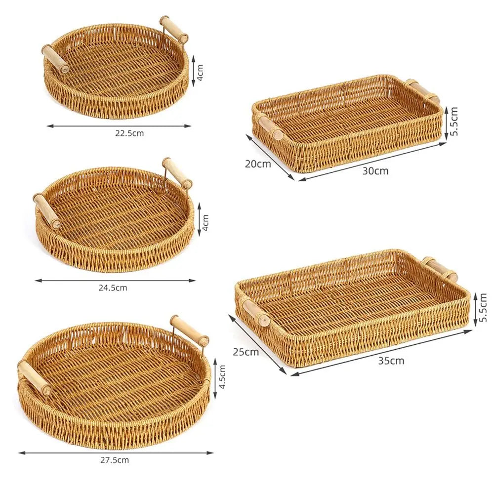 Handwoven Rattan Serving Trays – Round & Rectangle Storage Baskets