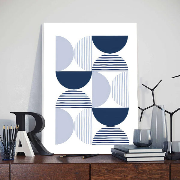 Boho Blue Sun & Leaf Framed Canvas – Nordic Wall Art