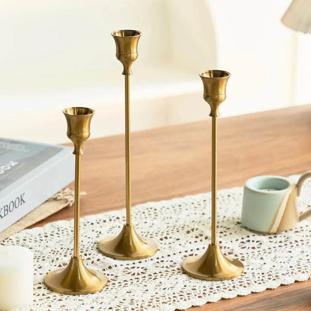 3-Piece Brass Gold Candlestick Holders – Wedding & Party Table Decor