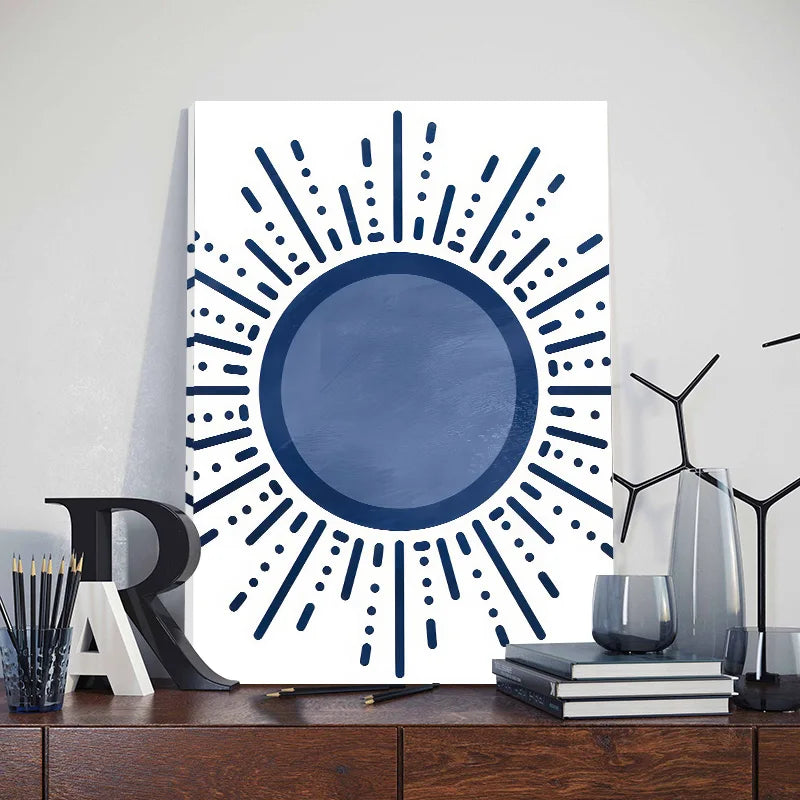 Blue Sun Geometric Leaf Canvas – Nordic Boho Wall Art-with frame