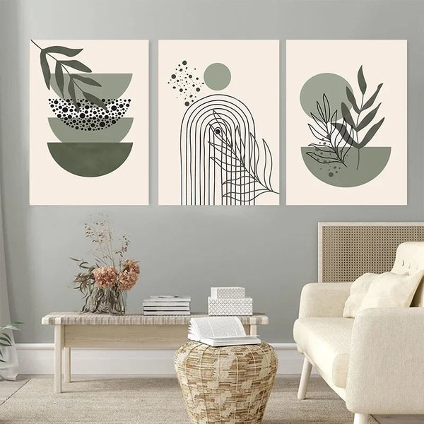 Sage Green Botanical 3-Canvas Set – Framed Nordic Geometrics