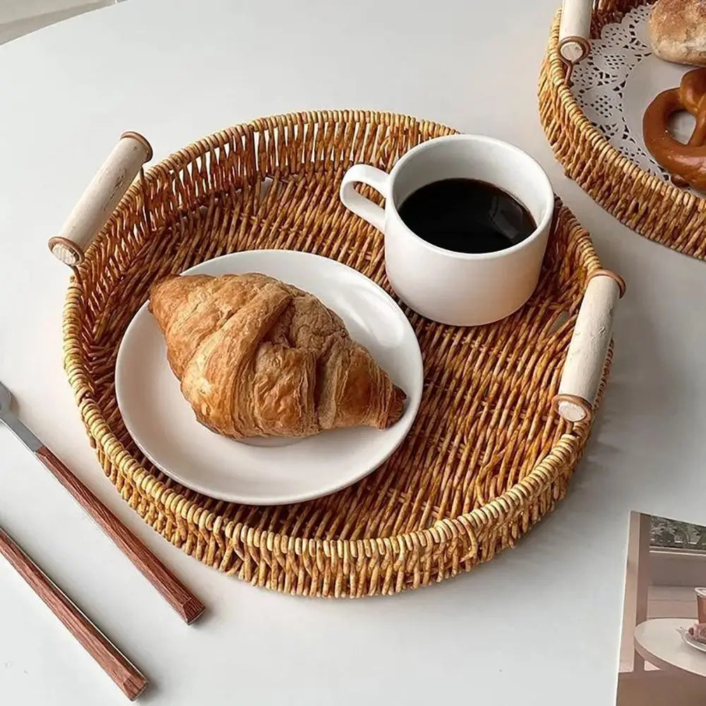 Handwoven Rattan Serving Trays – Round & Rectangle Storage Baskets