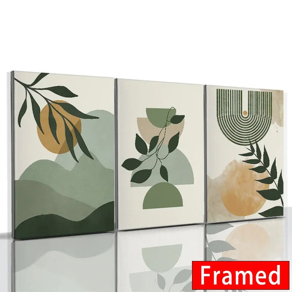 Boho Sage Green 3-Piece Framed Canvas Art – Nordic Abstract Leaves
