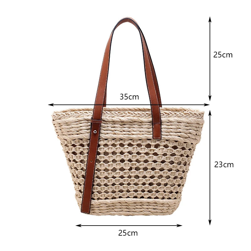 Woven Straw Beach Bag – Vintage Rattan Tote with Hollow-Out Design