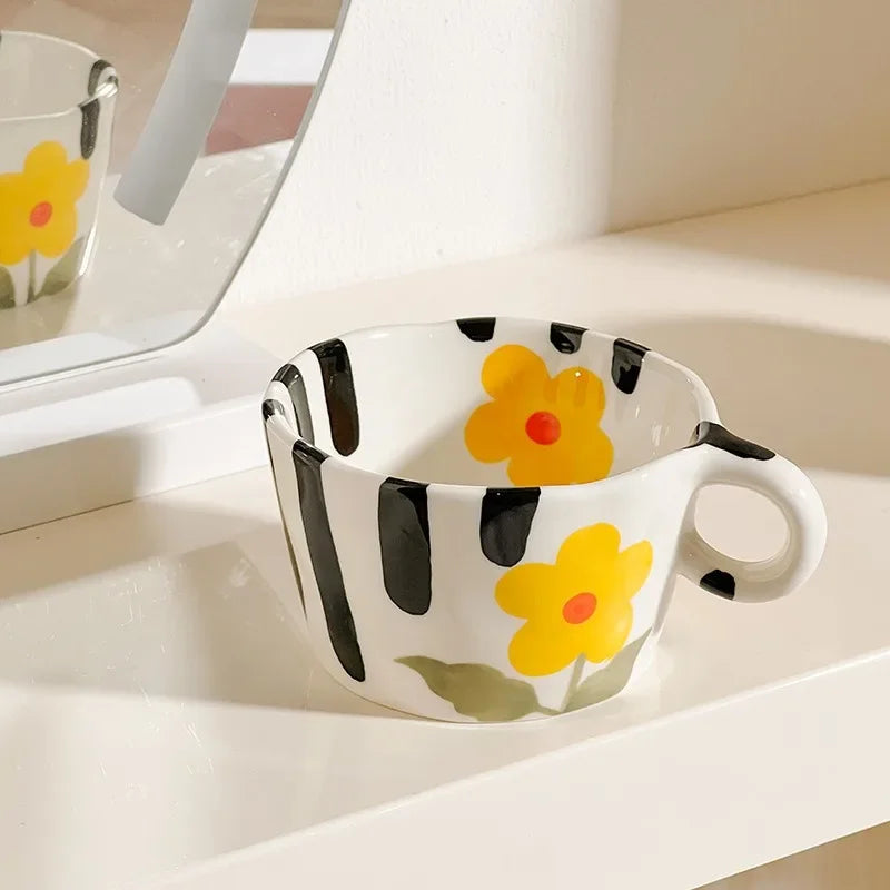 300ml Hand-Pinched Ceramic Mug – Hand-Drawn Floral Design