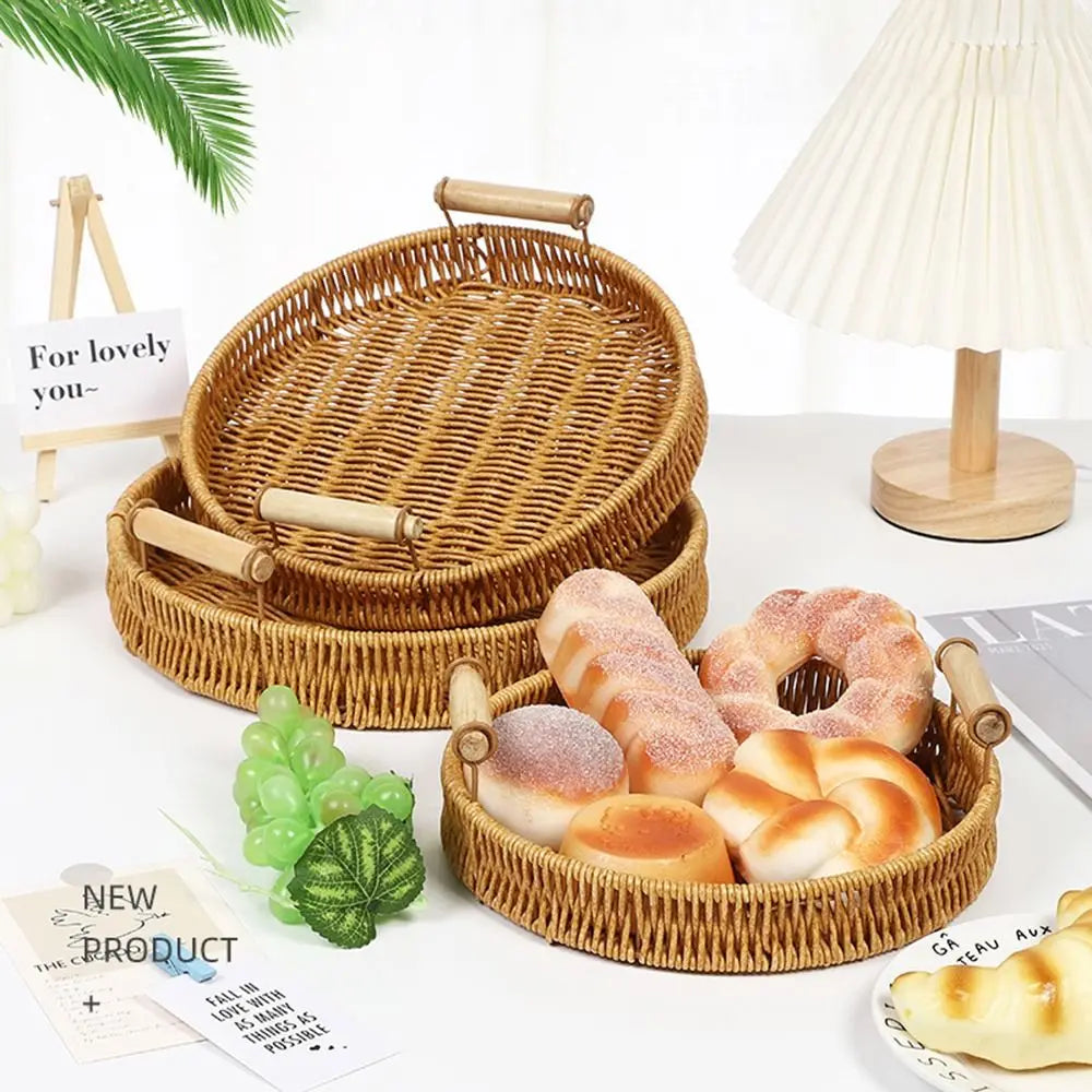 Handwoven Rattan Serving Trays – Round & Rectangle Storage Baskets