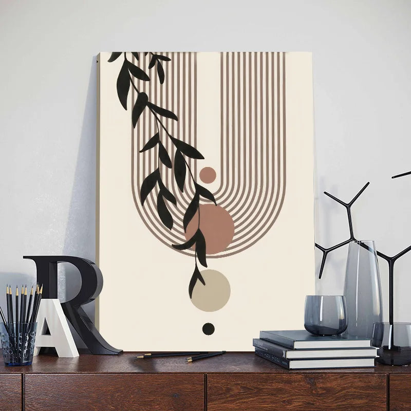 Framed Bohemian Wall Art – Abstract Sun & Leaf Print with Geometric Lines