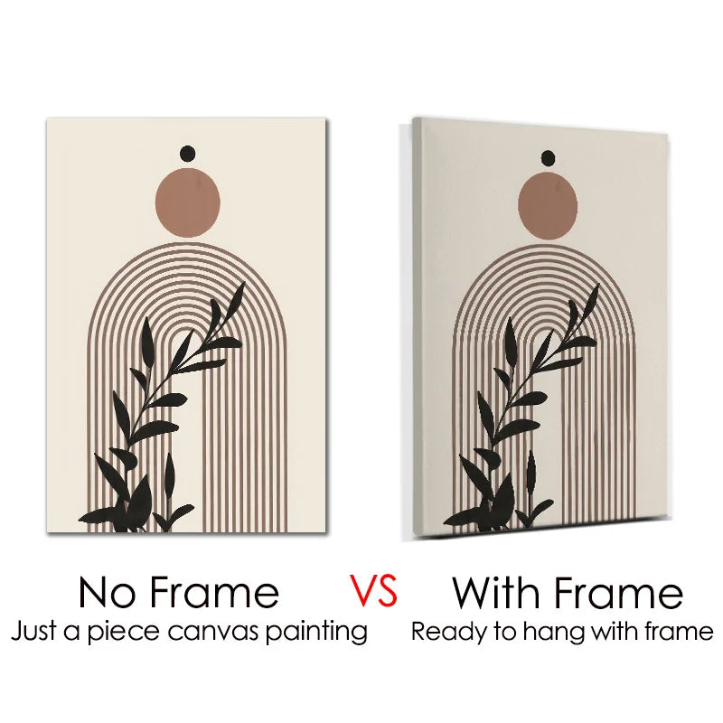 Framed Bohemian Wall Art – Abstract Sun & Leaf Print with Geometric Lines