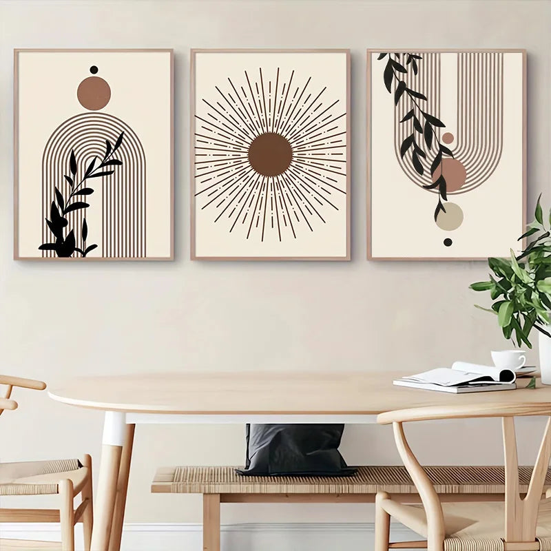 Framed Bohemian Wall Art – Abstract Sun & Leaf Print with Geometric Lines