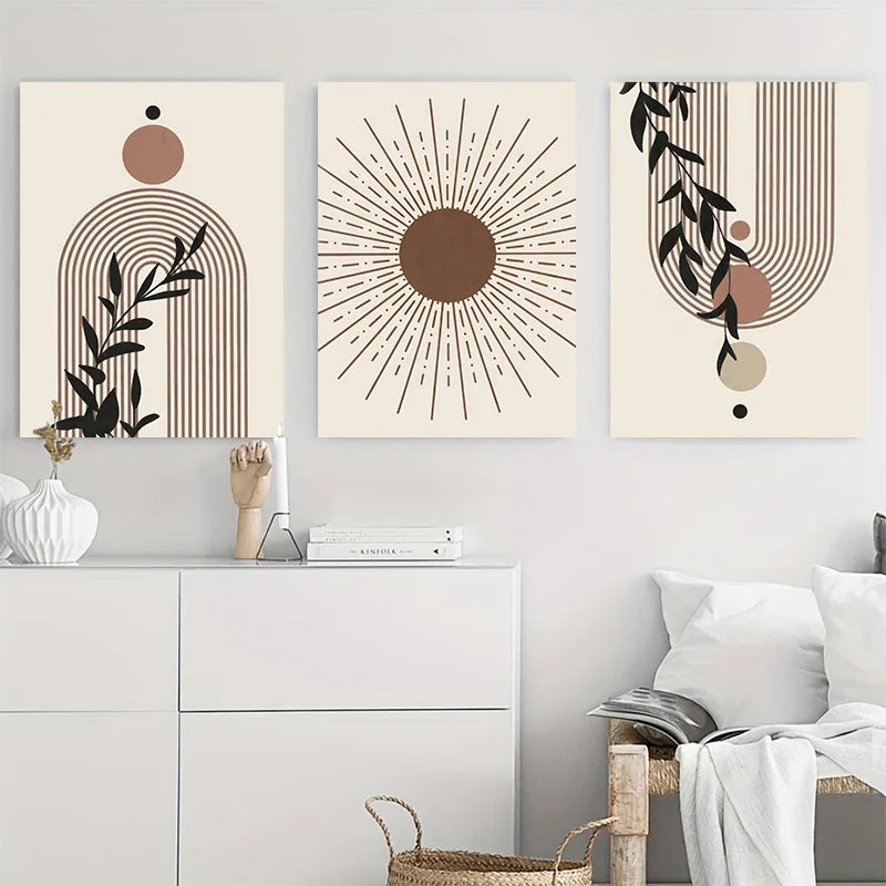 Framed Bohemian Wall Art – Abstract Sun & Leaf Print with Geometric Lines
