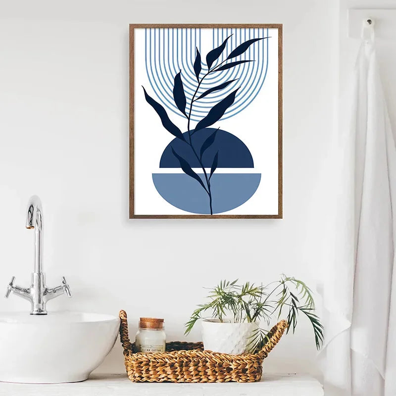 Boho Blue Sun & Leaf Framed Canvas – Nordic Wall Art