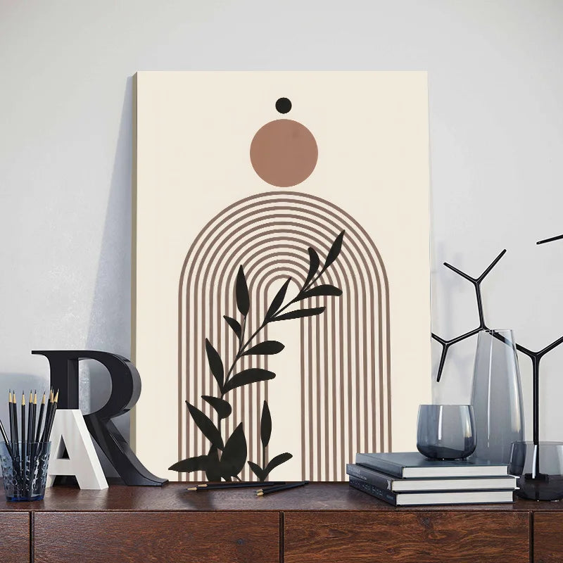 Framed Bohemian Wall Art – Abstract Sun & Leaf Print with Geometric Lines