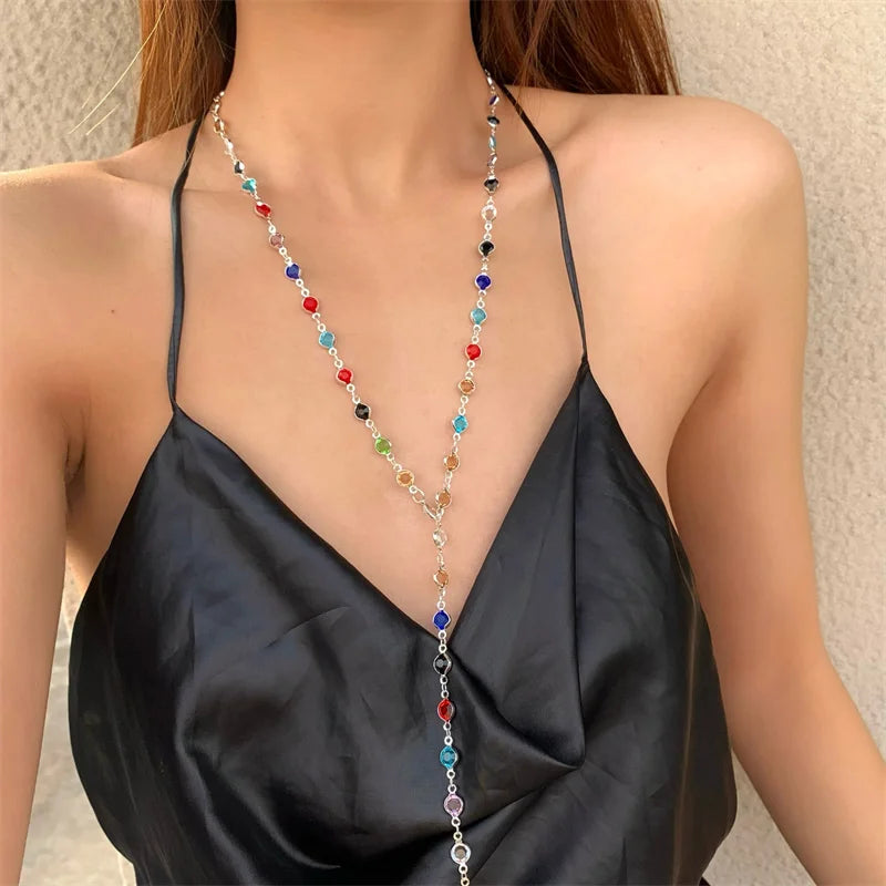 Boho Glass Bead Y-Necklace – Colorful Long Chain for Summer & Festivals