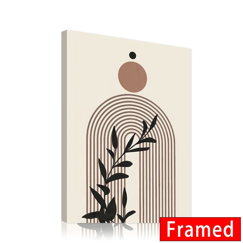 Framed Bohemian Wall Art – Abstract Sun & Leaf Print with Geometric Lines
