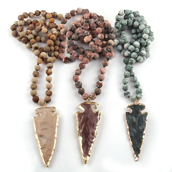 Boho Chic Necklace – Arrowhead Pendant & Natural Stone Knots