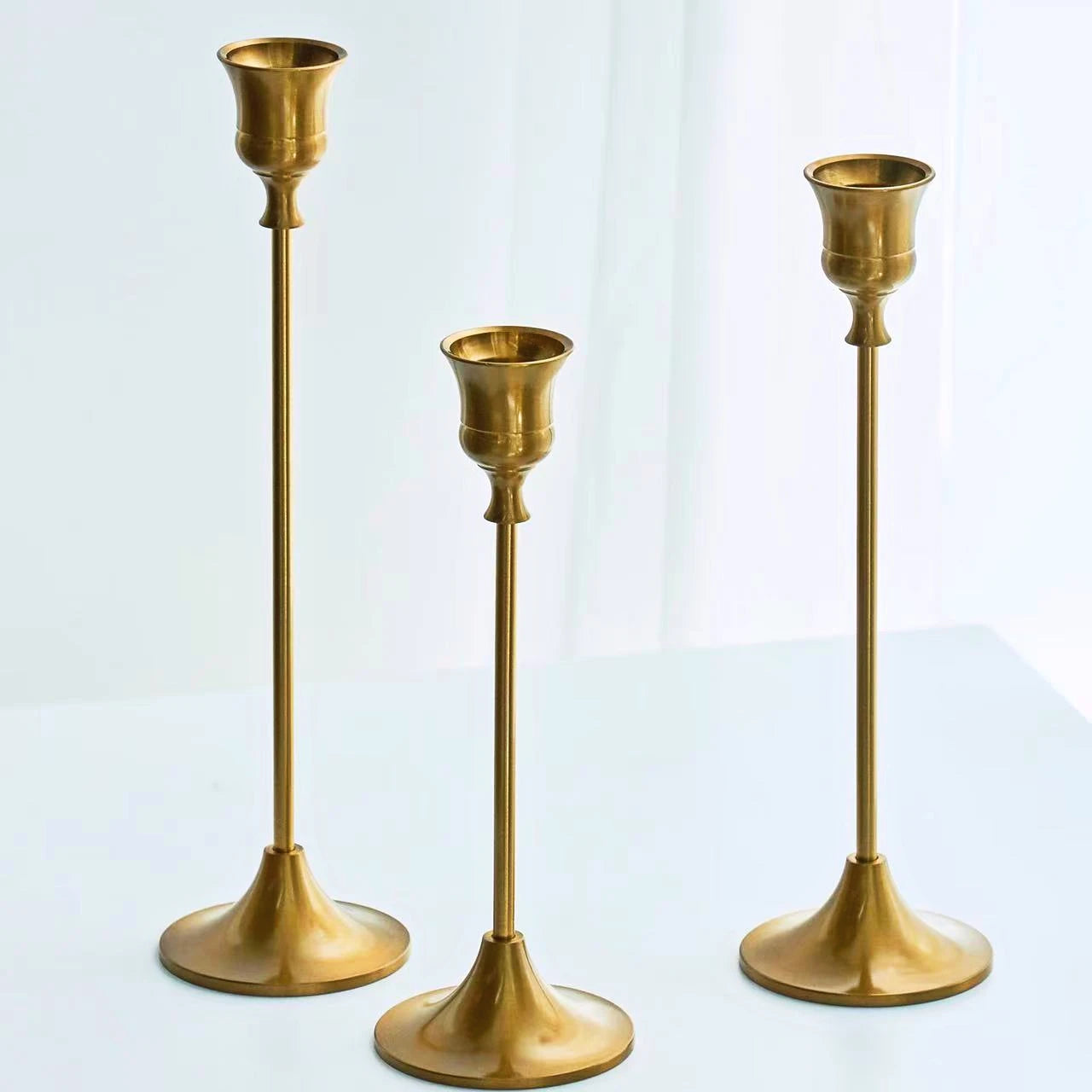 3-Piece Brass Gold Candlestick Holders – Wedding & Party Table Decor