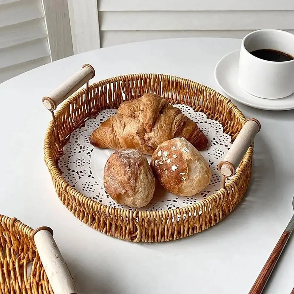 Handwoven Rattan Serving Trays – Round & Rectangle Storage Baskets