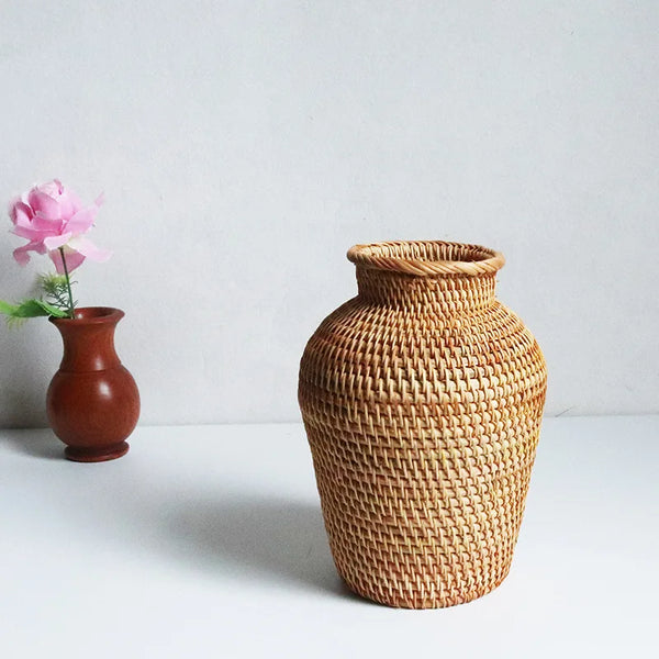 Woven Rattan Flower Basket – Boho Chic Planter Cover for Home Decor