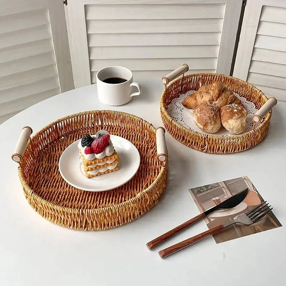 Handwoven Rattan Serving Trays – Round & Rectangle Storage Baskets
