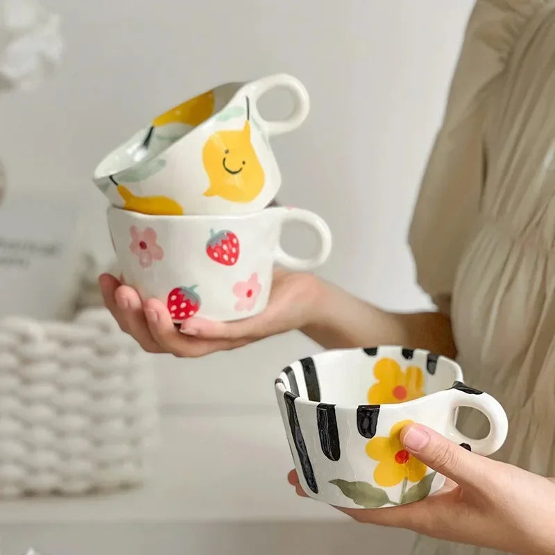 300ml Hand-Pinched Ceramic Mug – Hand-Drawn Floral Design