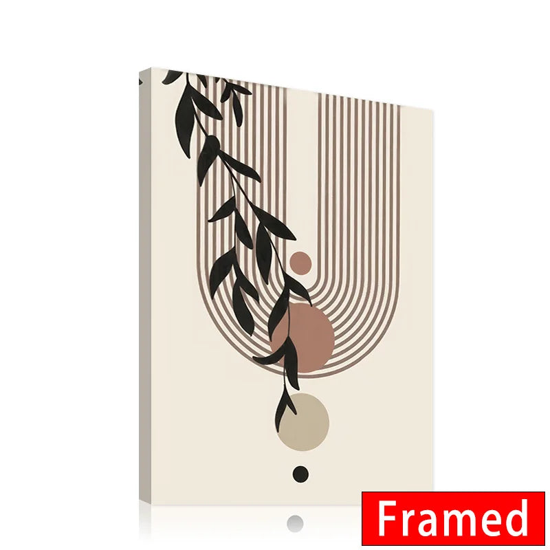 Framed Bohemian Wall Art – Abstract Sun & Leaf Print with Geometric Lines