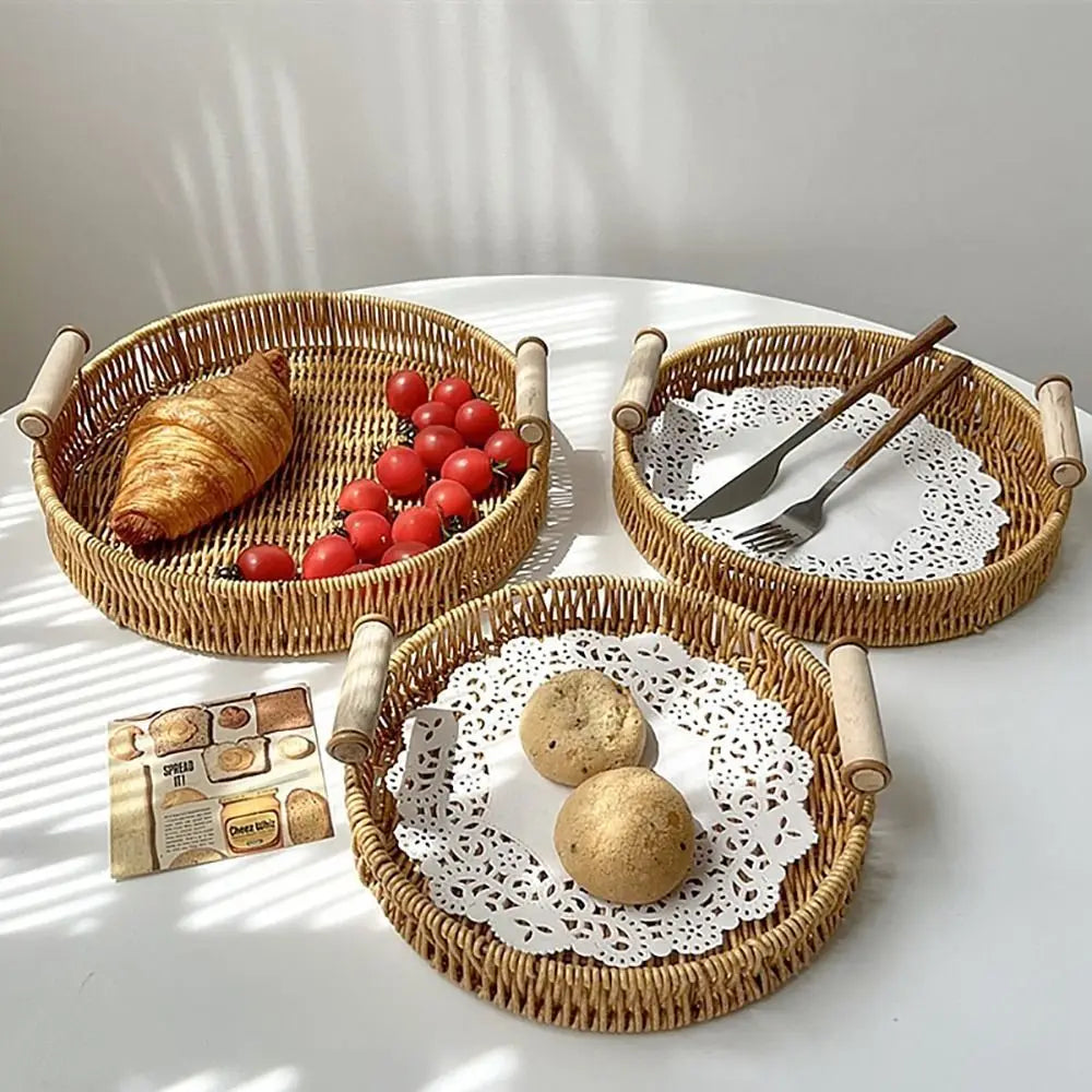 Handwoven Rattan Serving Trays – Round & Rectangle Storage Baskets