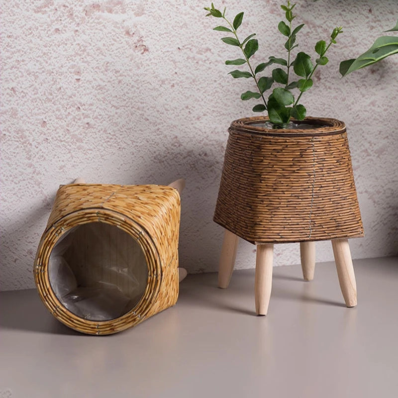 Nordic Woven Rattan Plant Stand – Creative Flowerpot Basket