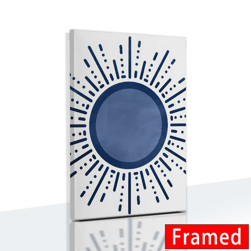 Blue Sun Geometric Leaf Canvas – Nordic Boho Wall Art-with frame