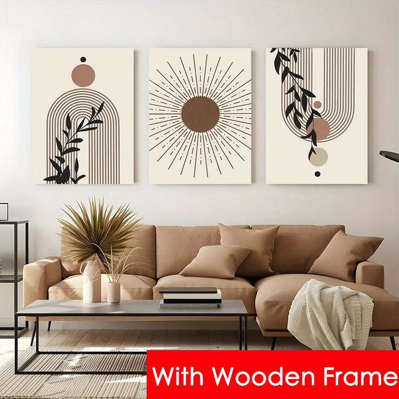 Framed Bohemian Wall Art – Abstract Sun & Leaf Print with Geometric Lines