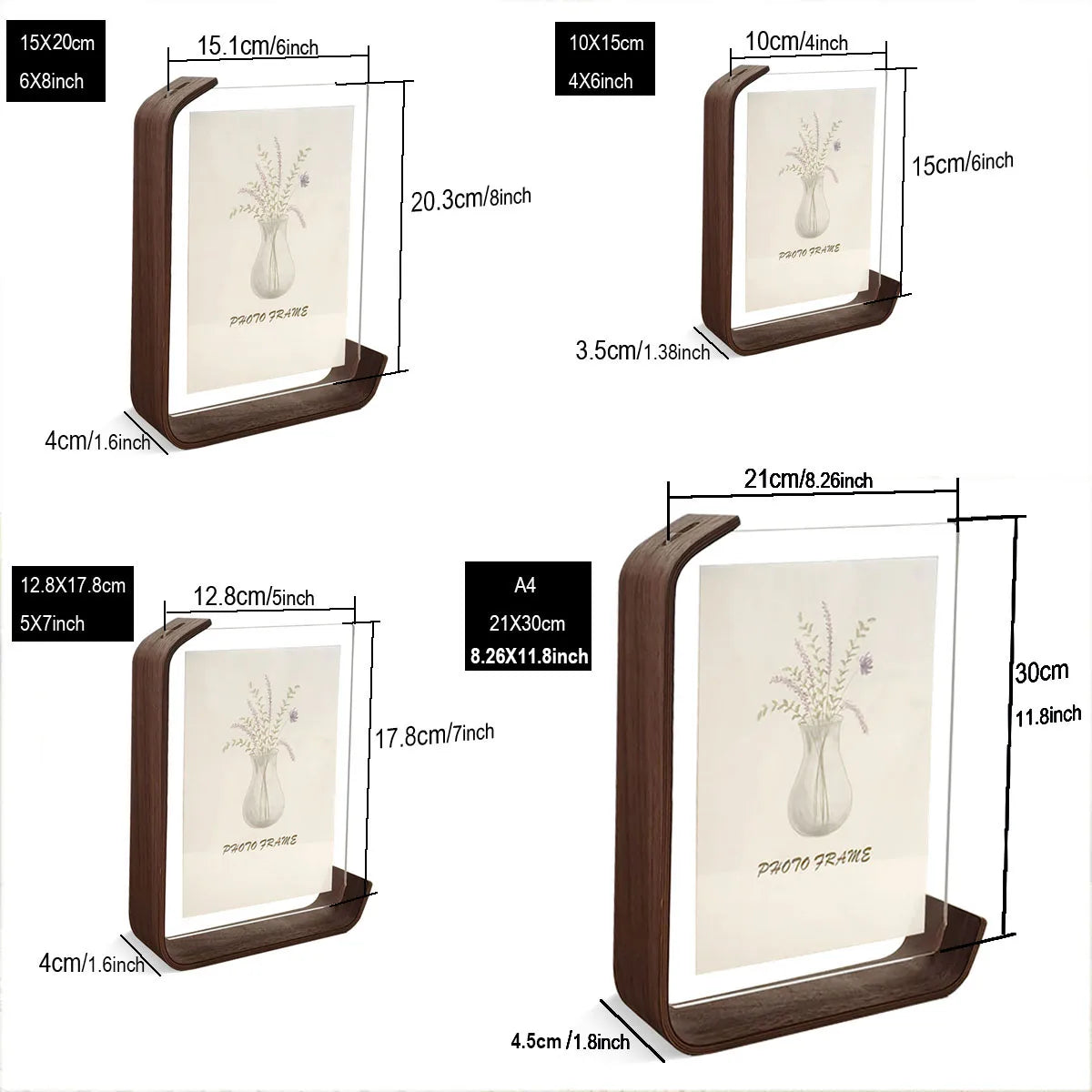 Acrylic & Wood Double-Sided Photo Frame – A4, 10×15 & 15×20cm