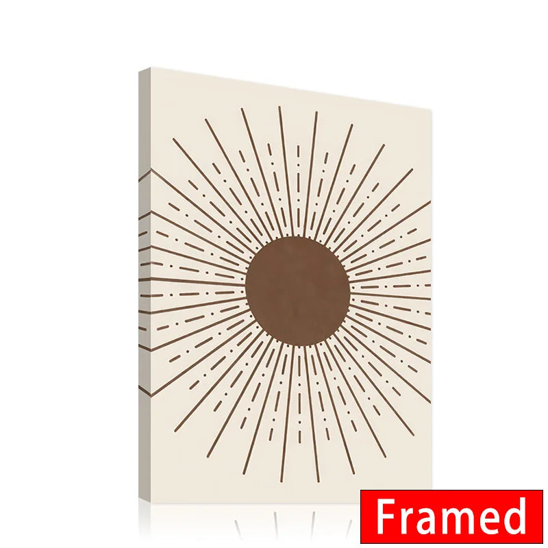 Framed Bohemian Wall Art – Abstract Sun & Leaf Print with Geometric Lines