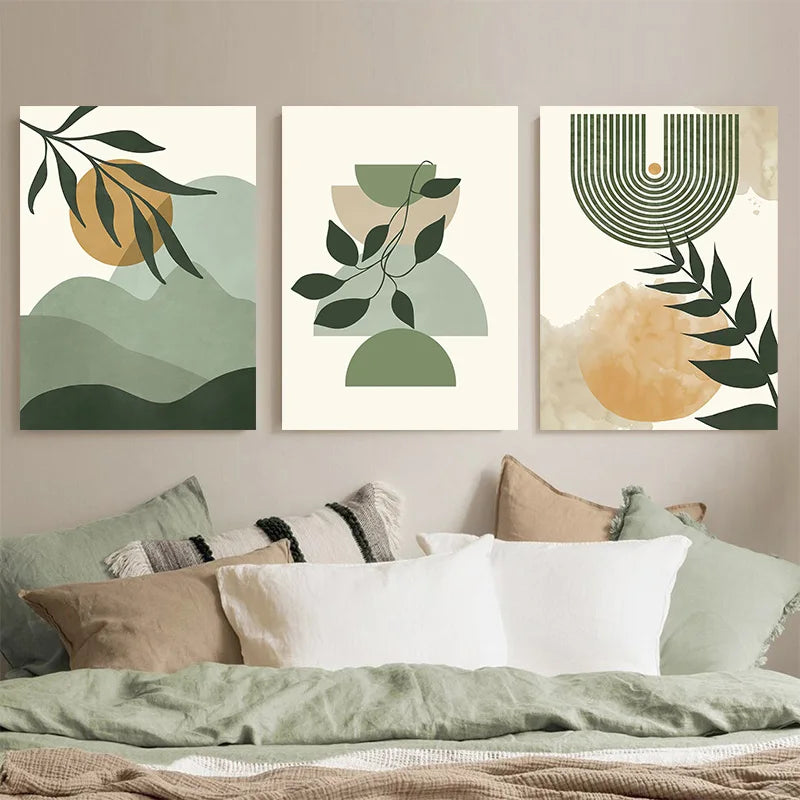 Boho Sage Green 3-Piece Framed Canvas Art – Nordic Abstract Leaves
