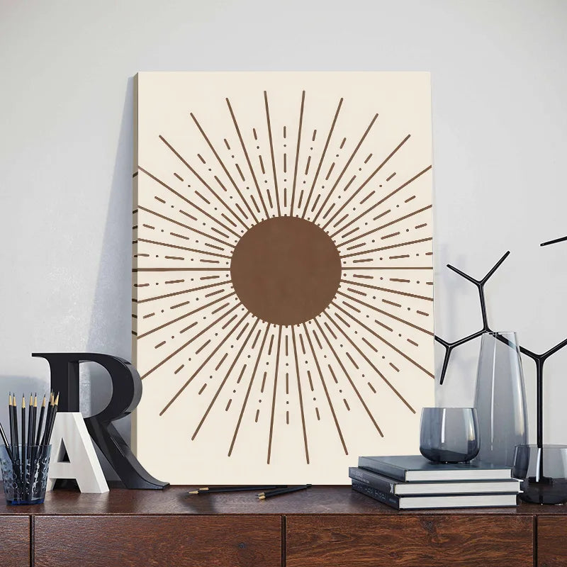Framed Bohemian Wall Art – Abstract Sun & Leaf Print with Geometric Lines