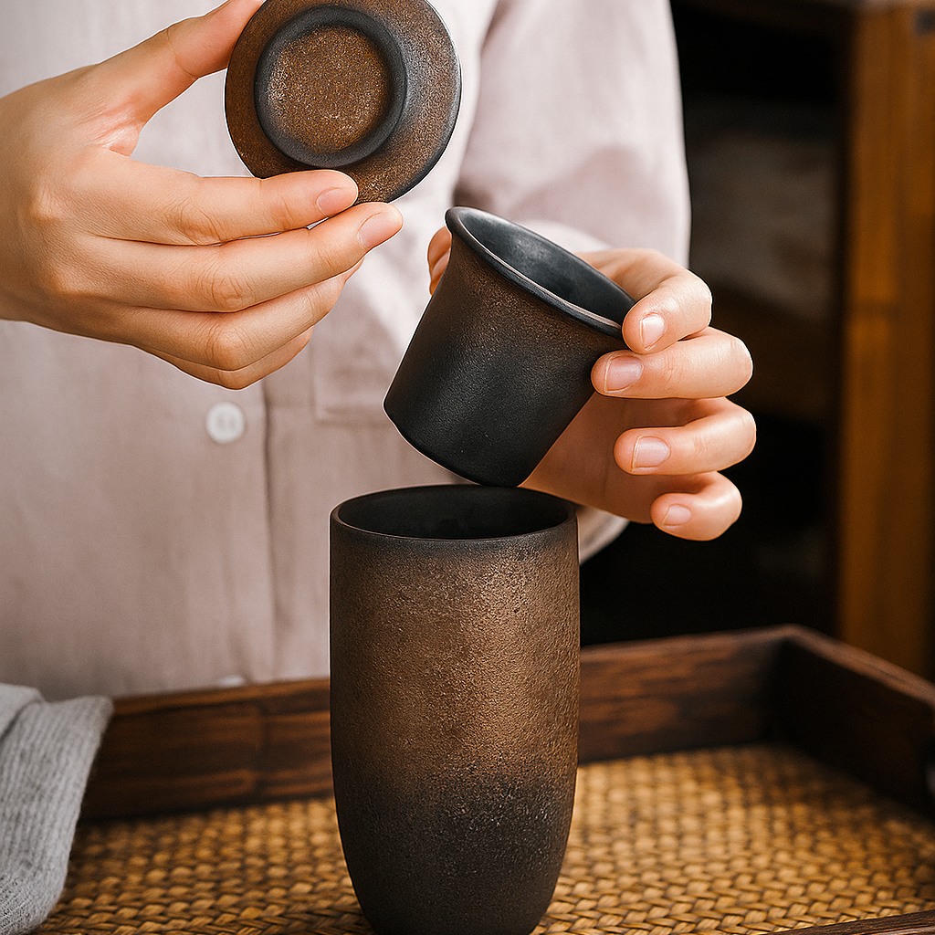 Retro Japanese Ceramic Tea Cup with Lid & Porcelain Infuser