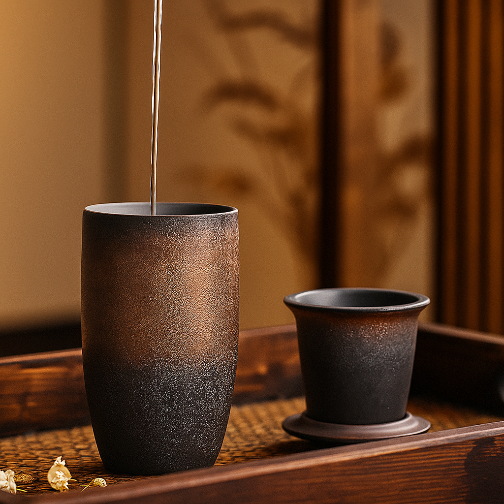 Retro Japanese Ceramic Tea Cup with Lid & Porcelain Infuser